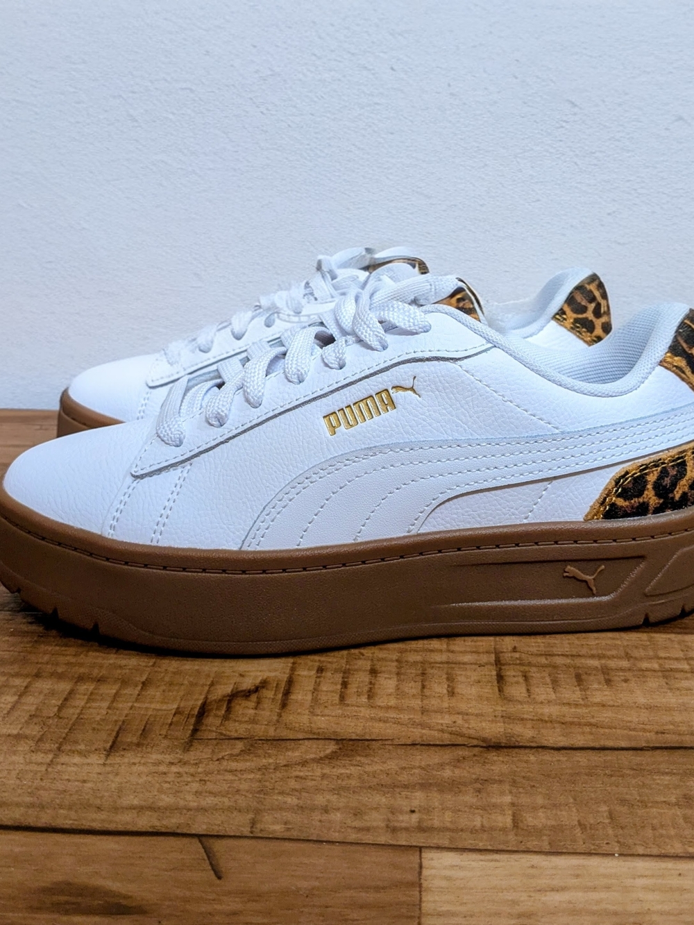 Puma White Sneakers with Brown Gum Sole and Leopard Heel